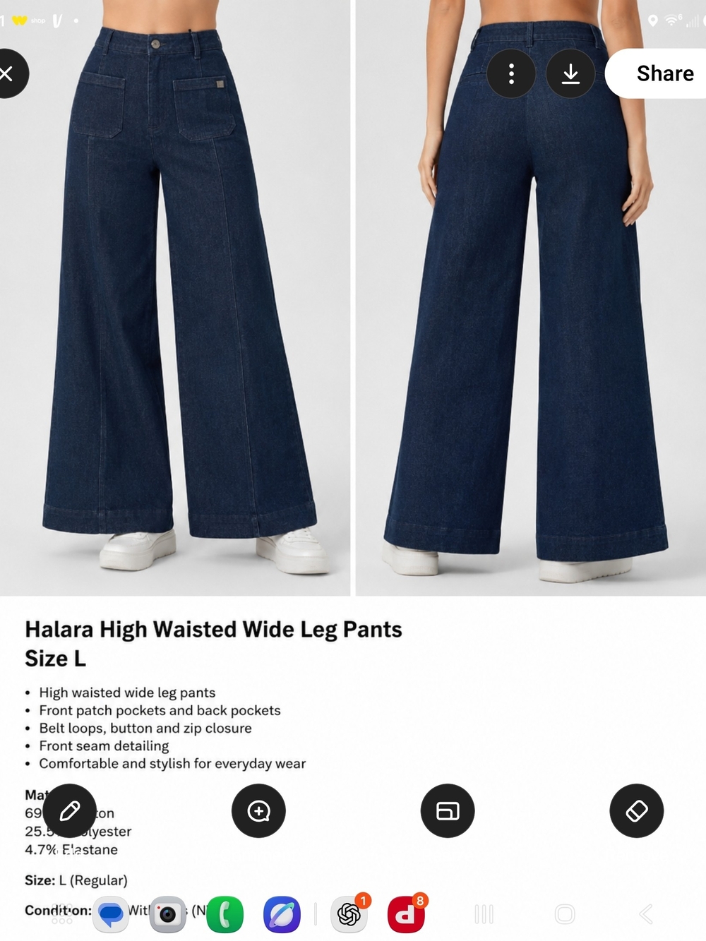 HALARA Wide Leg High-Rise Jeans - Dark Blue Size L